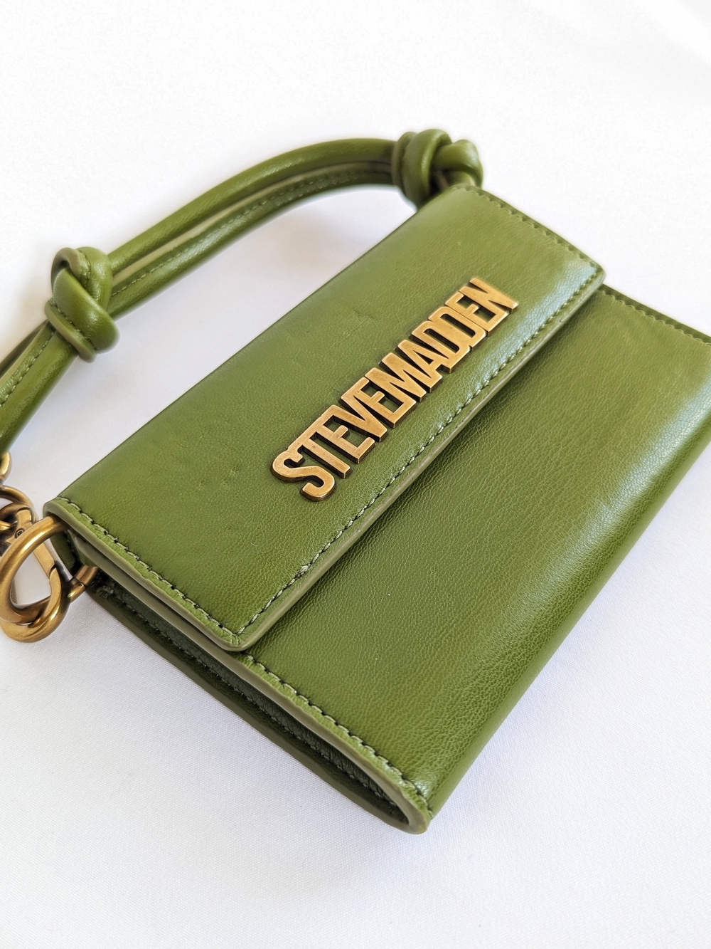 Steve Madden Green Mini Knotted-Handle Wallet Bag with Gold Logo